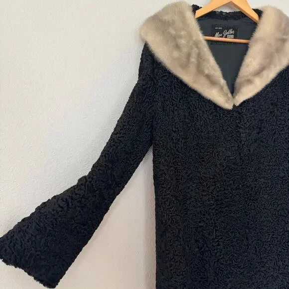 Vintage black curly Persian lamb fur coat genuine fur collar Max Zeller L-XL - Picture 2 of 10